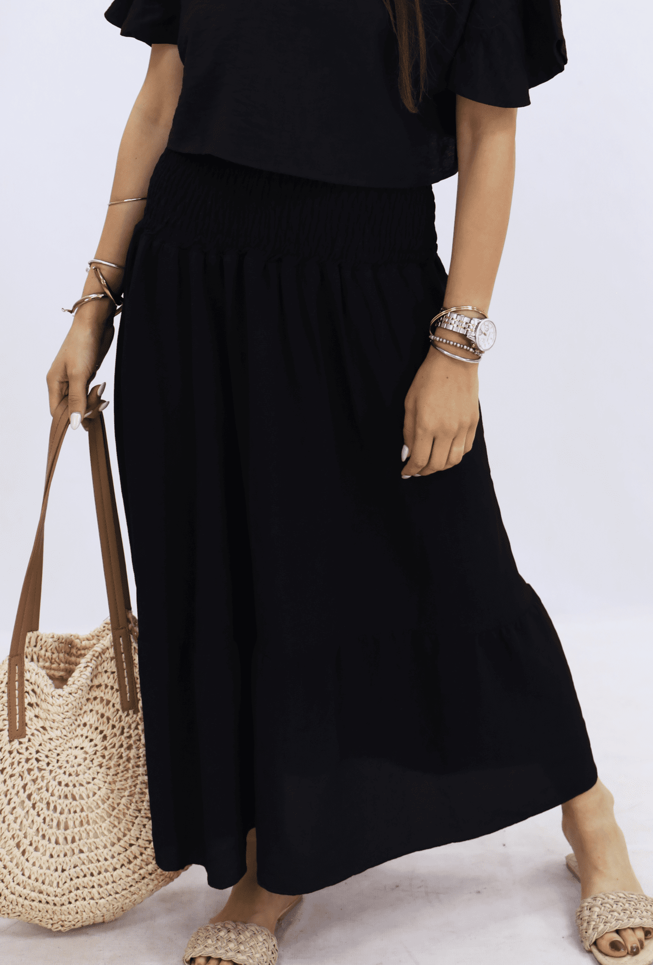 Twilight Flare Black Linen Skirt