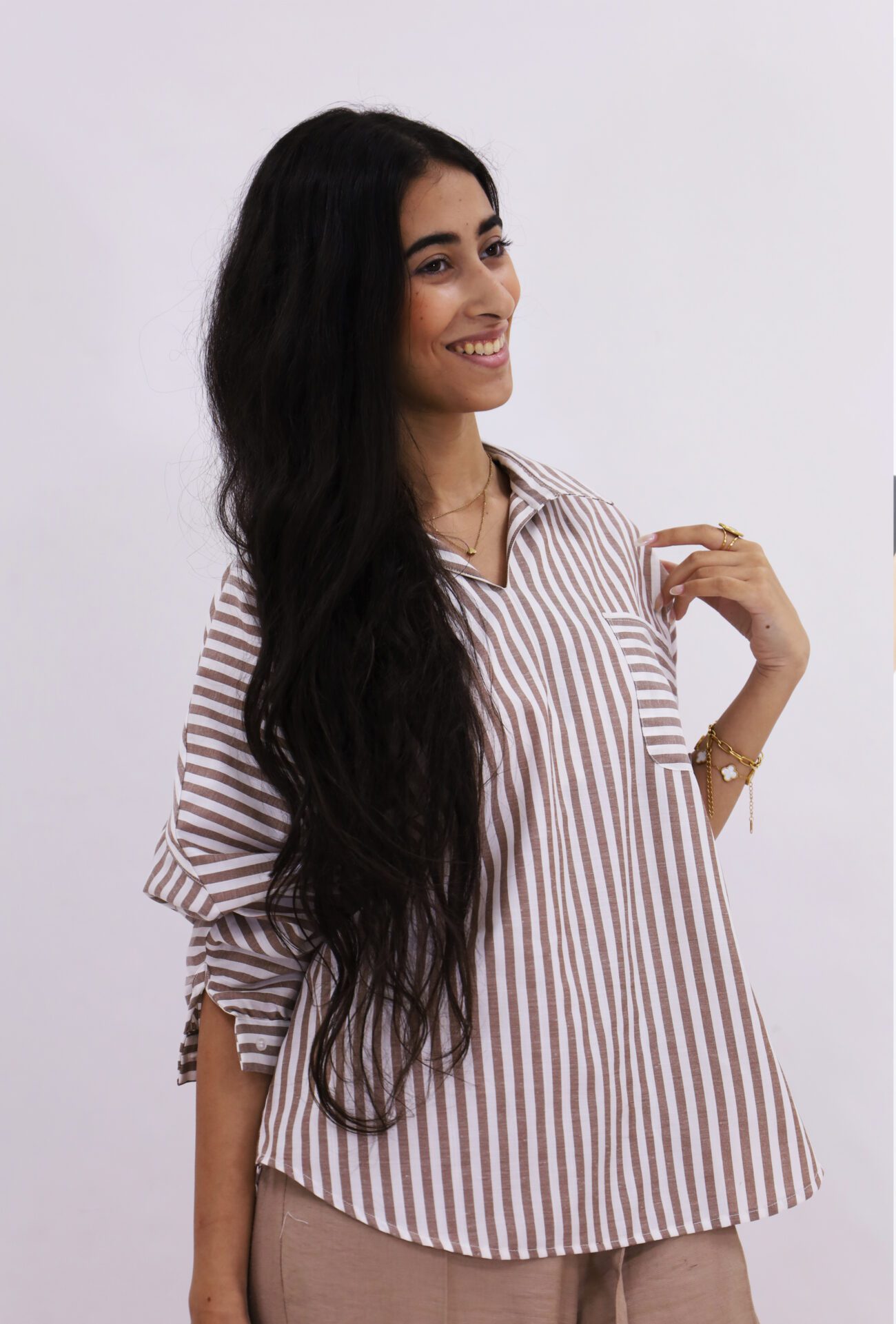 Eveylen Beige Stripped Blouse - Image 2