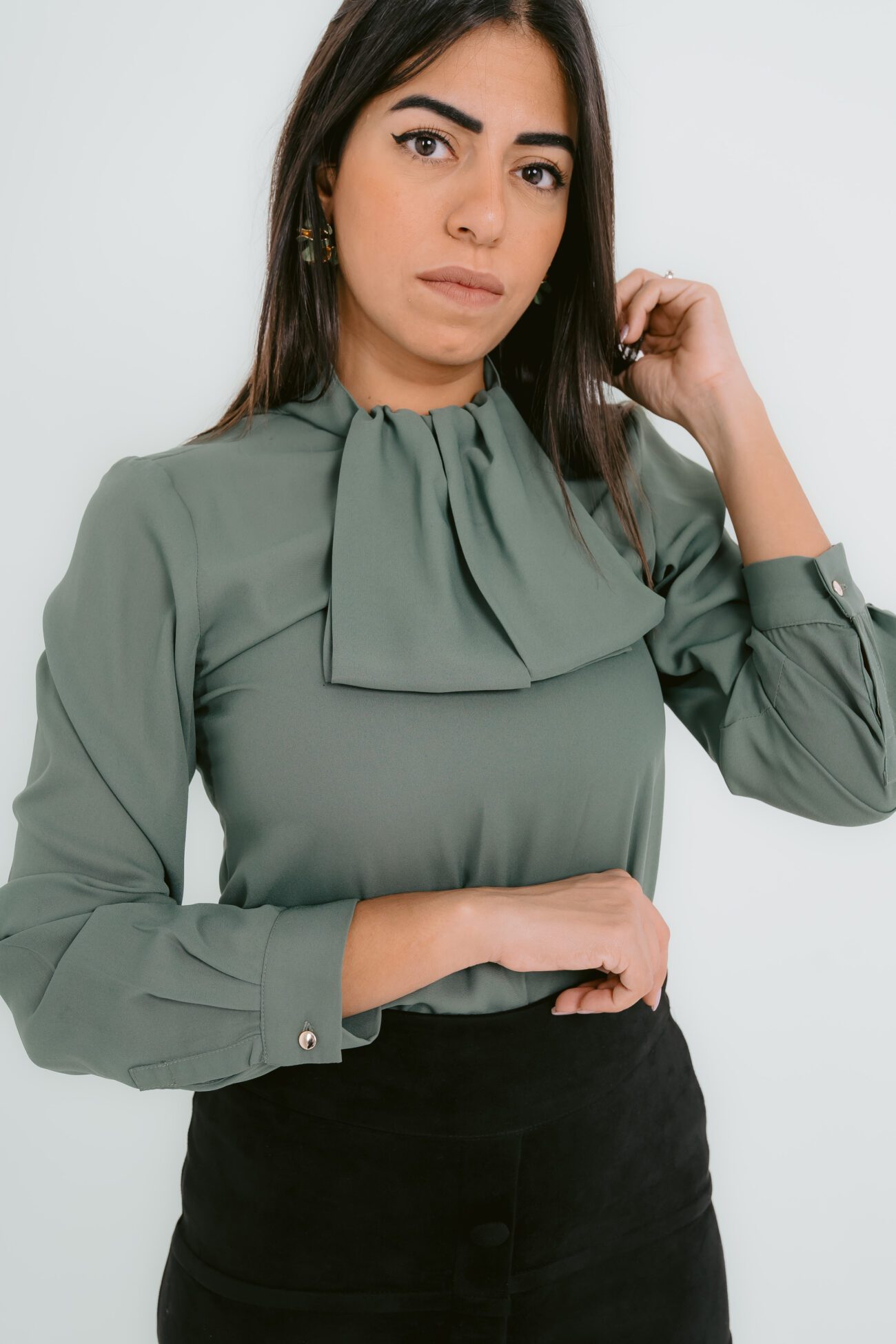 Mockneck Crepe Ruffles Blouse - Olive Green - Image 2