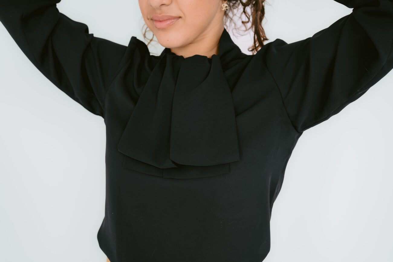 Mockneck Crepe Ruffles Blouse - Black - Image 2