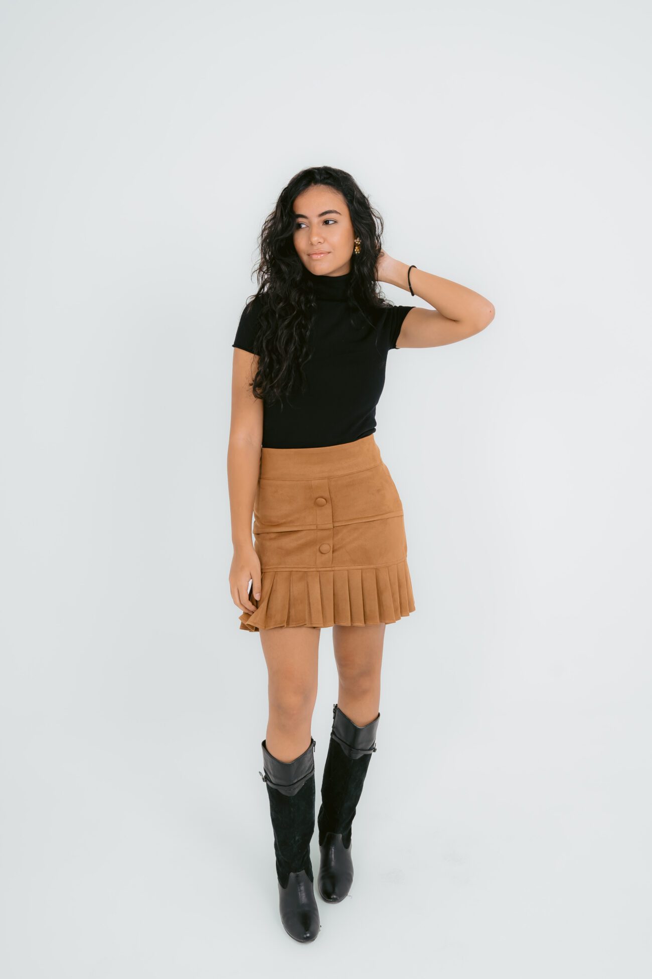 Ruffled Charm Suede Skirt - Brown