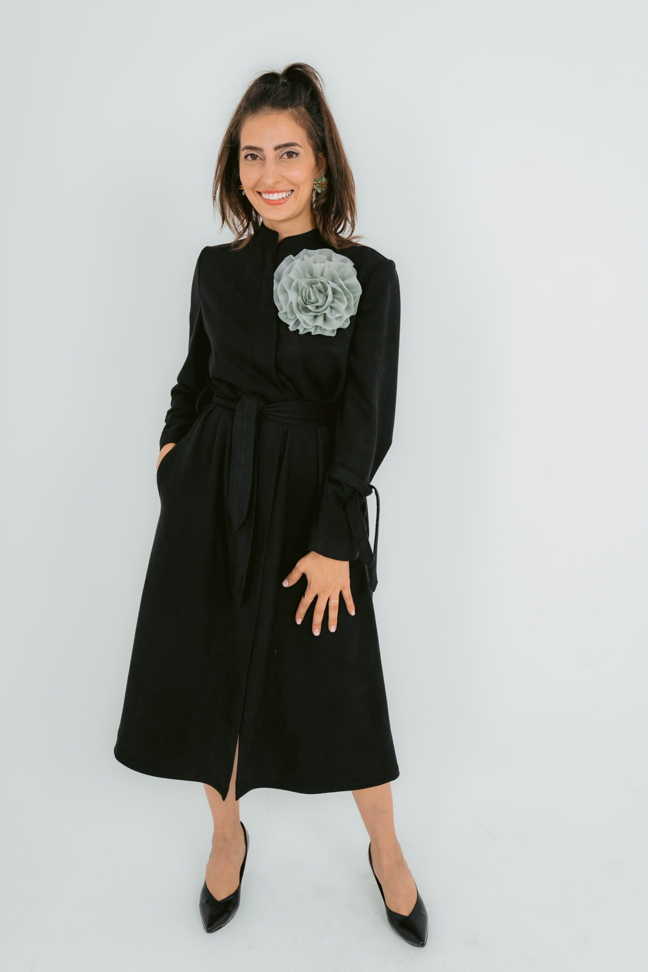 Blooming Black Belted Dress - Green Flower