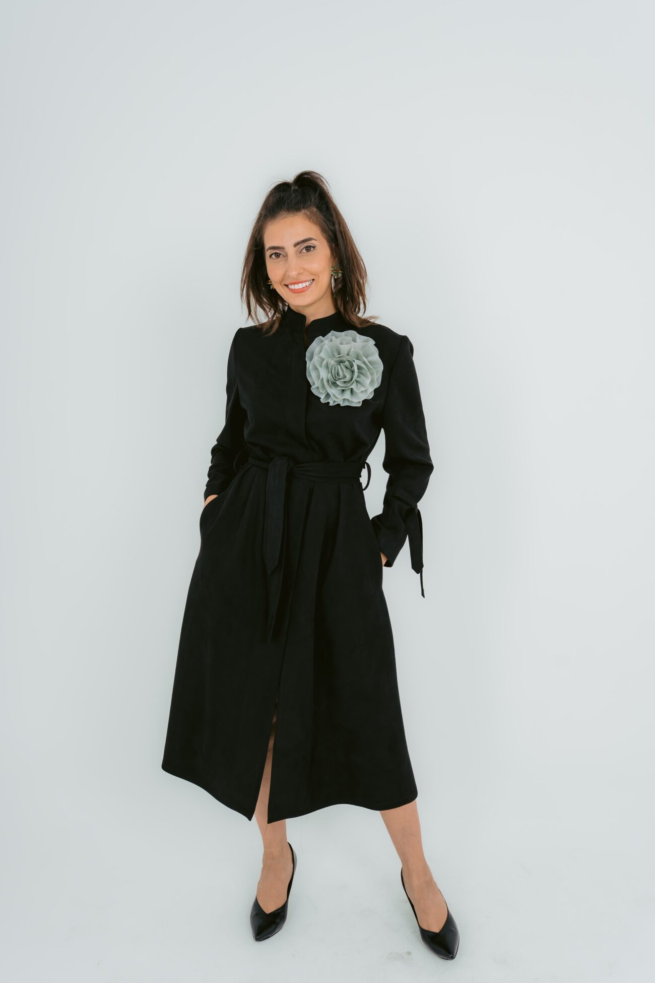 Blooming Black Belted Dress - Green Flower - Image 2