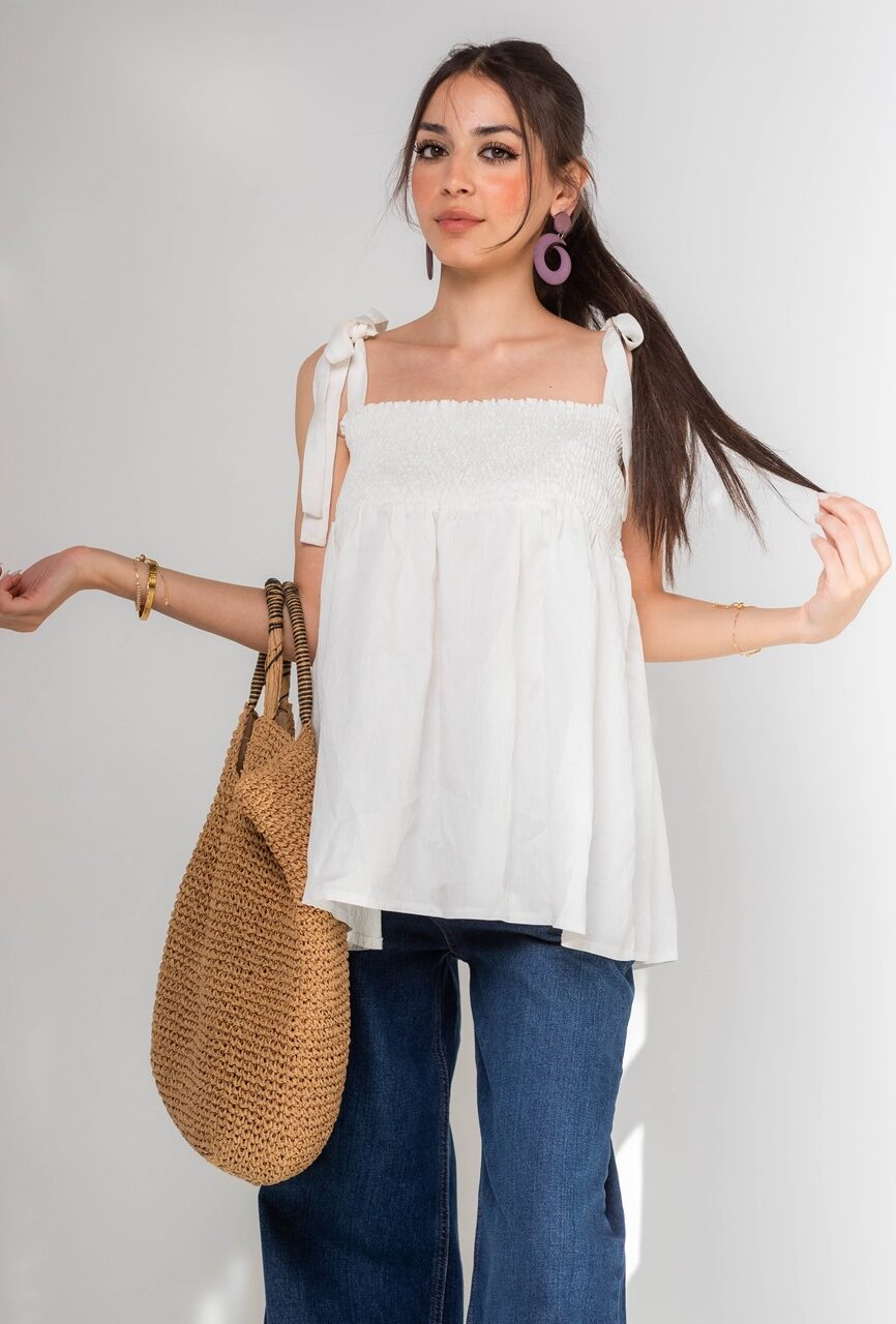 Lace-Shoulder Linen Blouse
